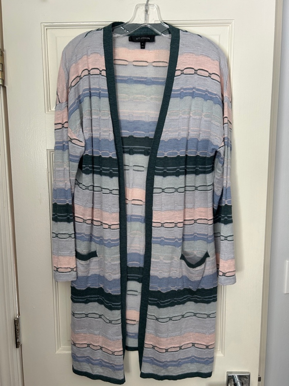 St. John Pastel Stripe Open-Front Cardigan in Pink, Blue, Gray, Teal